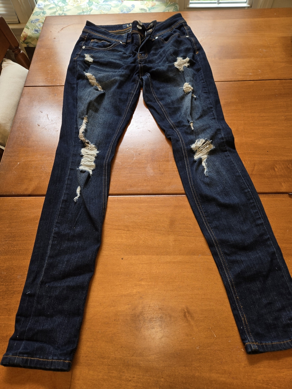 Indigo Rein Dark Blue Distressed Straight Leg Jeans